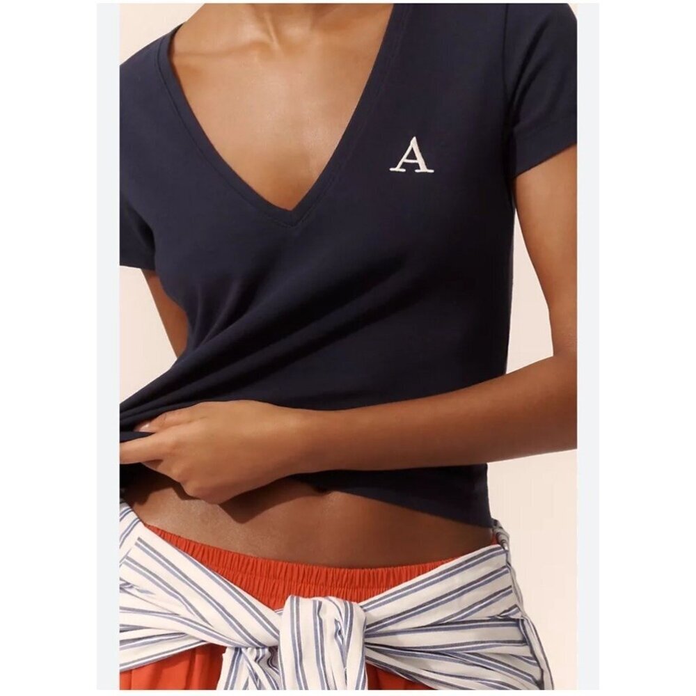 Maeve Size XL Navy V-Neck Short Sleeve Tee Embroidered White “A” Initial